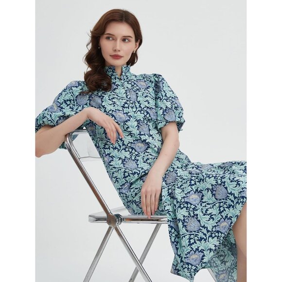 Summer Floral Cotton Midi Dress Women Puff Sleeve Button Pockets Boho - Picture 6 of 6